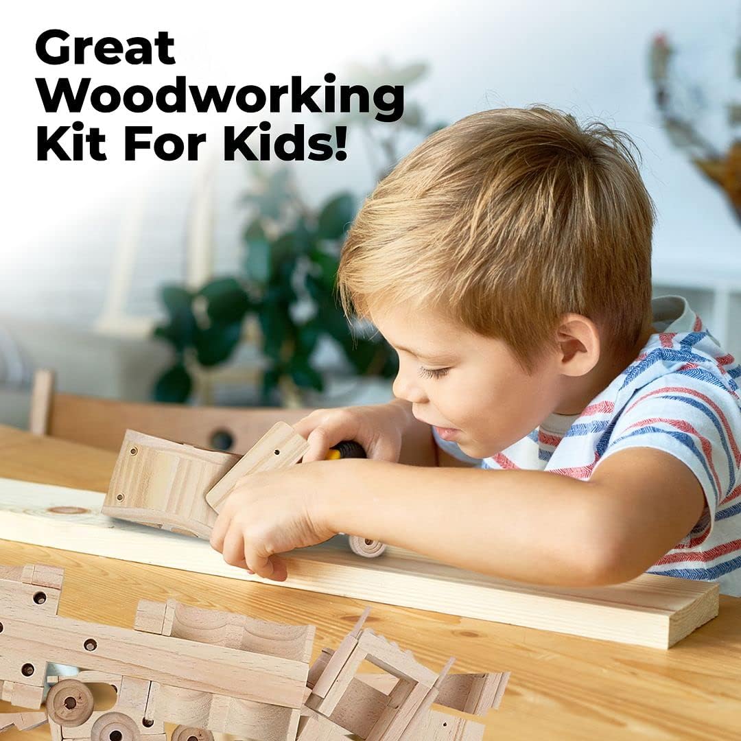 Kraftic Woodworking Building Kit for Kids and Adults, with 3 Educational DIY Carpentry Construction Wood Model Kit Toy Projects for Boys and Girls - Tow Truck, Birdhouse and Dump Truck