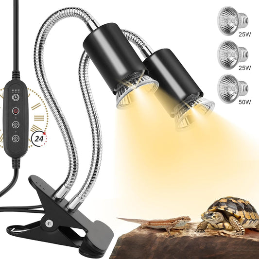 Reptile Heat Lamp, Dual-Head UVA UVB Reptile Light, Heating Lamp with Cycle Timer, Heat Lamp for Reptiles Bearded Dragon Turtle Crab Snake Lizard, Separate Control, 3 Basking Bulbs Light