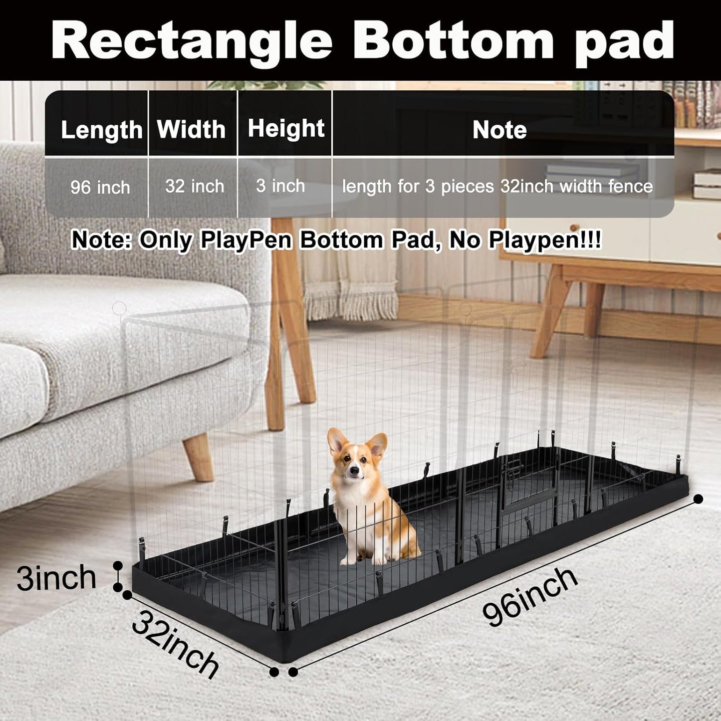 PJYuCien Rectangle Dog Playpen Bottom Pad - Fits 8 Panels 32"" Width Metal Dog Playpen -32""x96"" Size 600D Oxford Cloth Waterproof Playpen Bottom Pad (Note: Only Bottom Pad, No Playpen!!!), Black