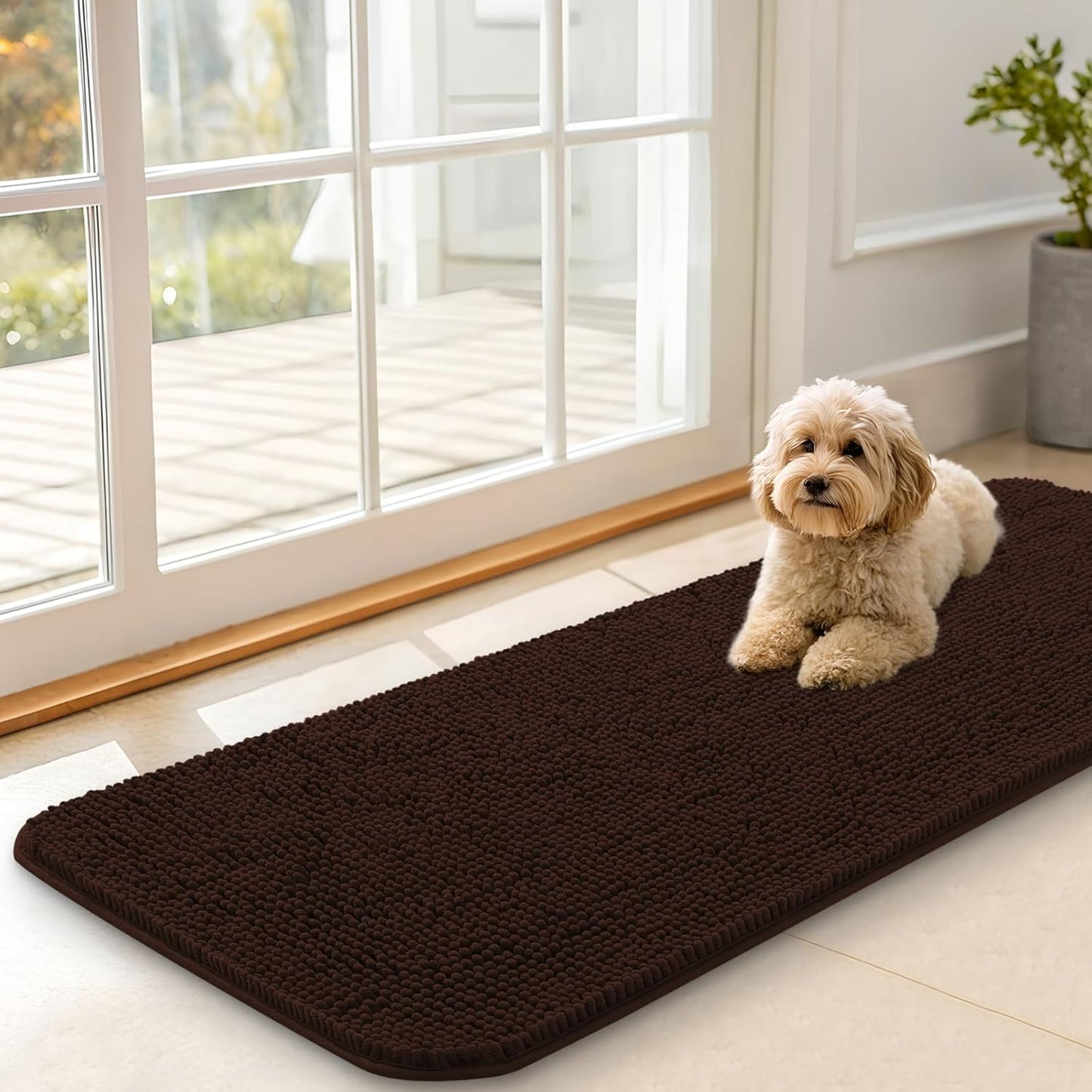 OLANLY Dog Door Mat for Muddy Paws 47x17, Absorbs Moisture and Dirt, Absorbent Non-Slip Washable Doormat, Quick Dry Chenille Mud Mat for Dogs, Entry Indoor Entryway Carpet for Inside Floor, Brown