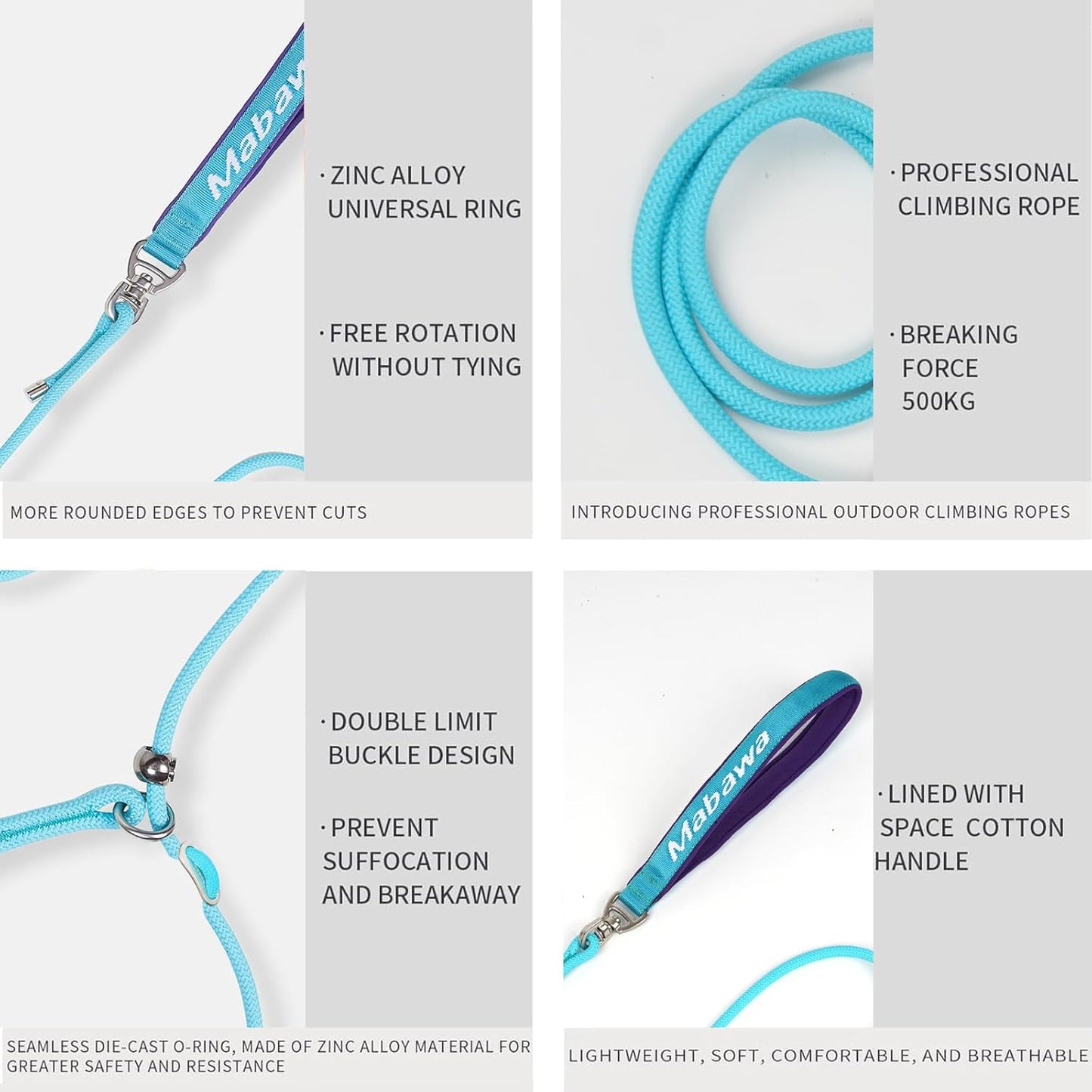 Dog Anti-Slip Leash 5FT with Metal Stopper - Durable No-Pull Training Lead for Small, Medium & Large Dogs - Comfortable Handle Nylon Rope, Tangle-Free Pet Walking Leash (Lake Blue, 5.6FT)