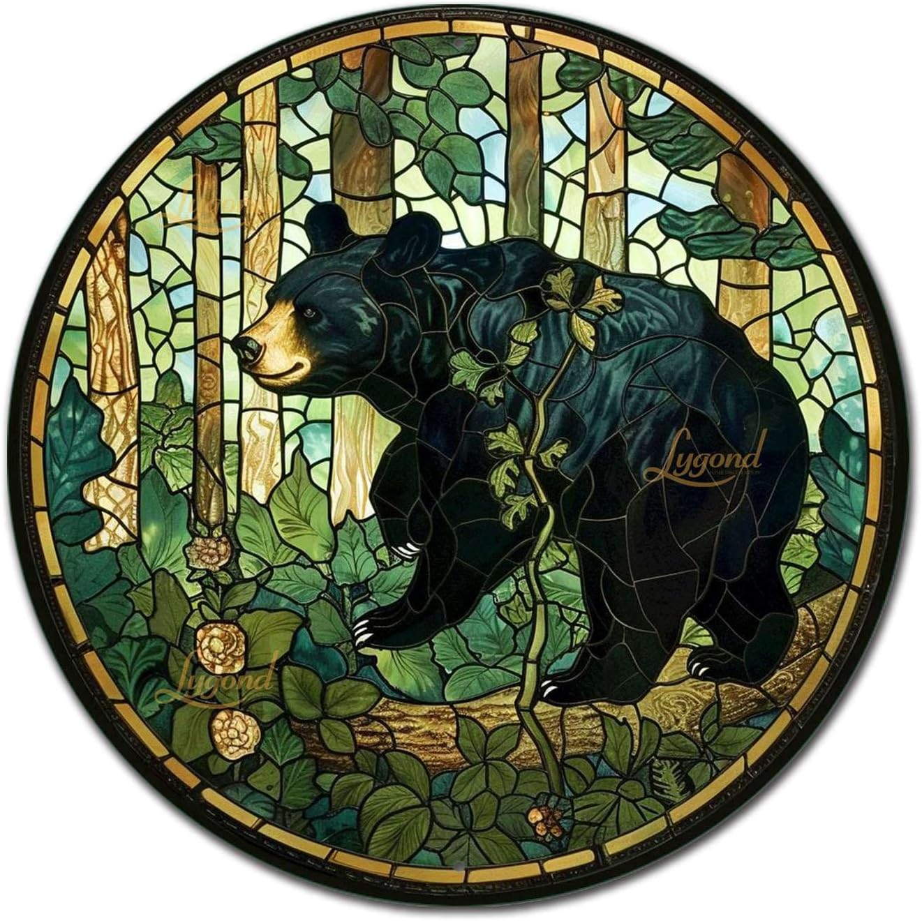 Lygond Metal Sign Tin Sign Circular Stained Glass American Black Bear Funny Bathroom Wall Decor for Restaurant 12×12 Inches