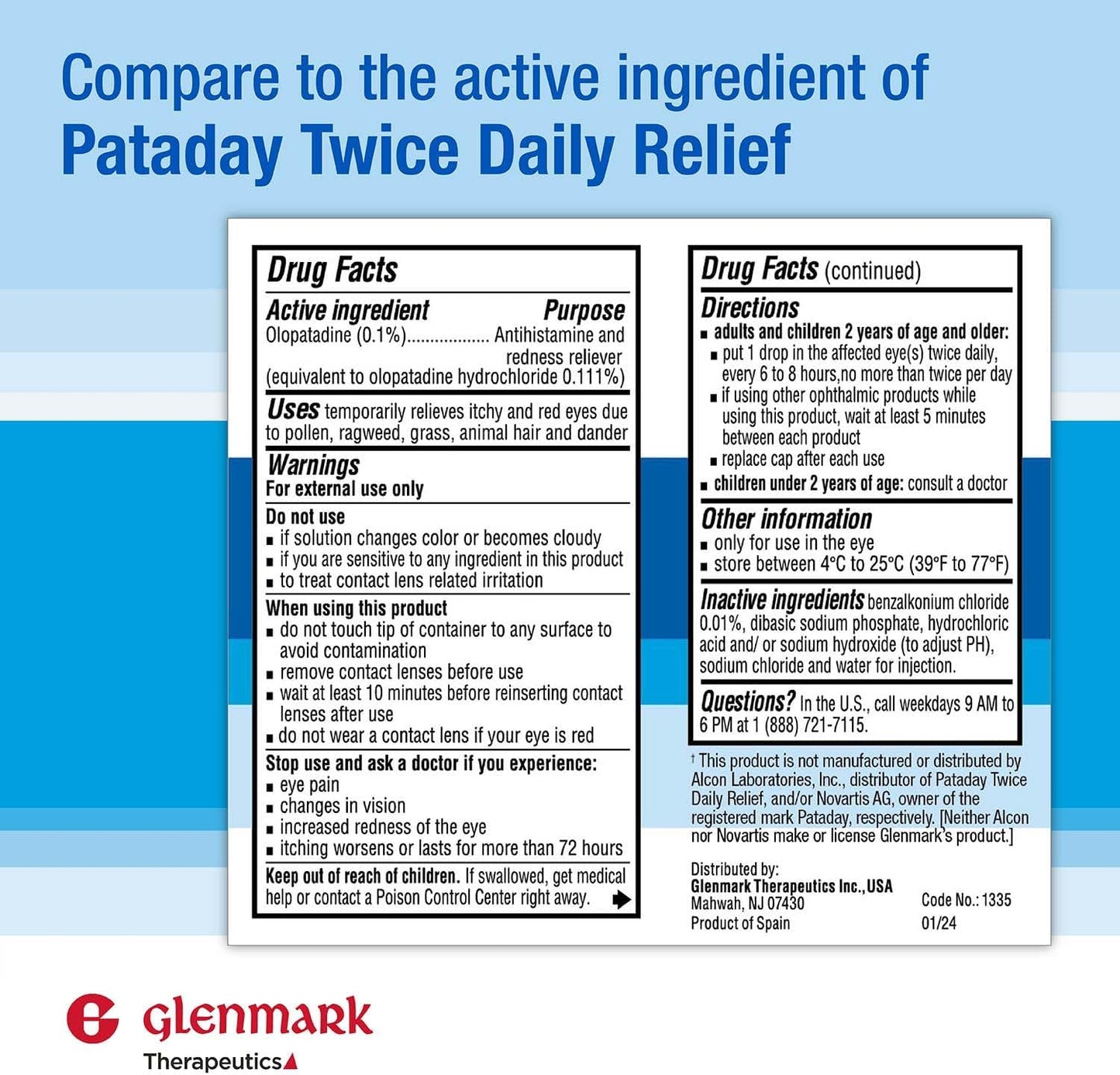 Glenmark Therapeutics Olopatadine Eye Drops for Allergies, Redness Relief, Antihistamine Eye Drops, Allergy Relief from Pet Dander, Pollen, Grass, Ragweed, Works in Minutes, Olopatadine HCl 0.1%, 5ml