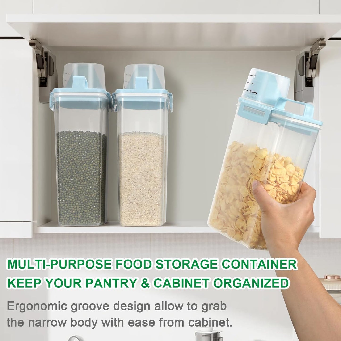 TBMax Rice Storage Container 2 Pack, Plastic Kitchen Pantry Food Storage Container with Cup, Small Pet Dog Cat Food Container Dispenser - Sky Blue