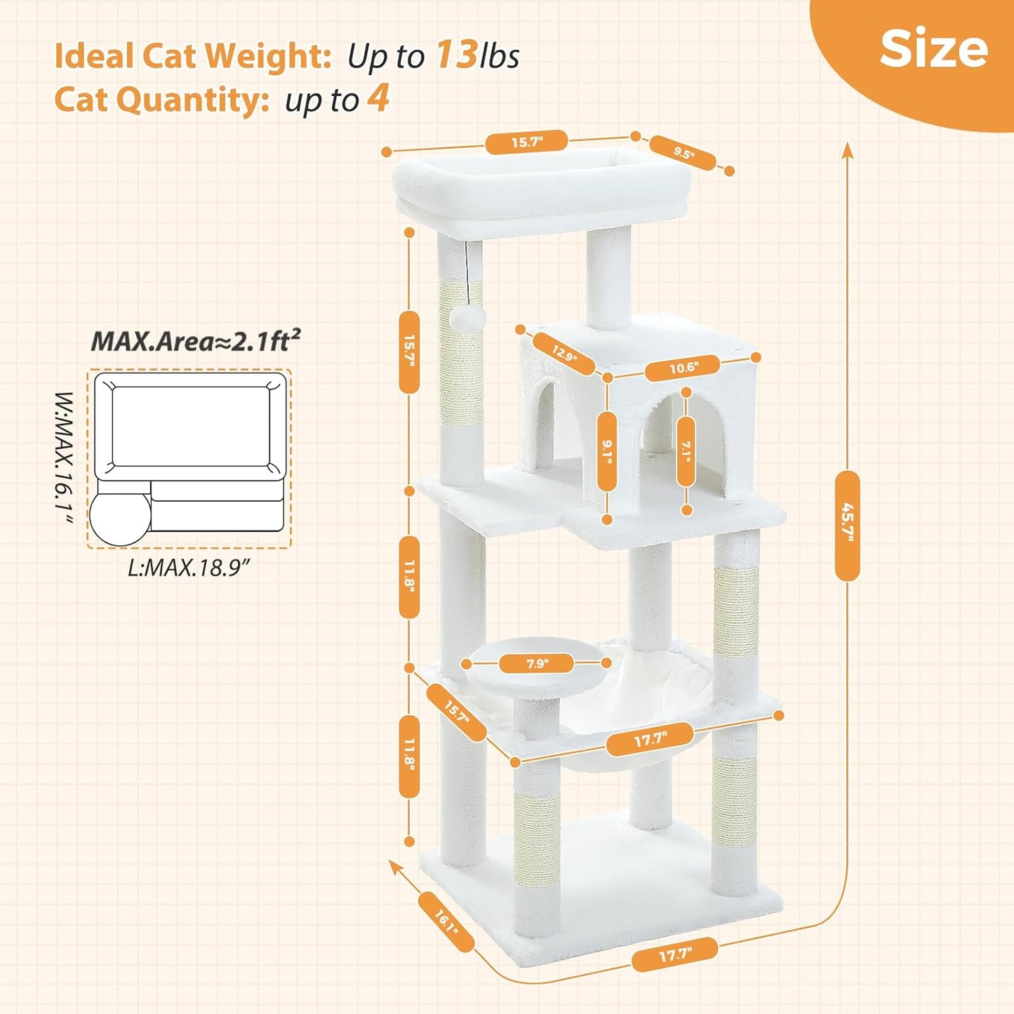 PETEPELA 45.7" Cat Tree for Large Cats, 5-Level Cat Tower for Indoor Cats with Large Hammock (17.3"x15.3"), Cat Condo with (18.5"x13") Big Top Perch & 4 Sisal Covered Scratching Post, White