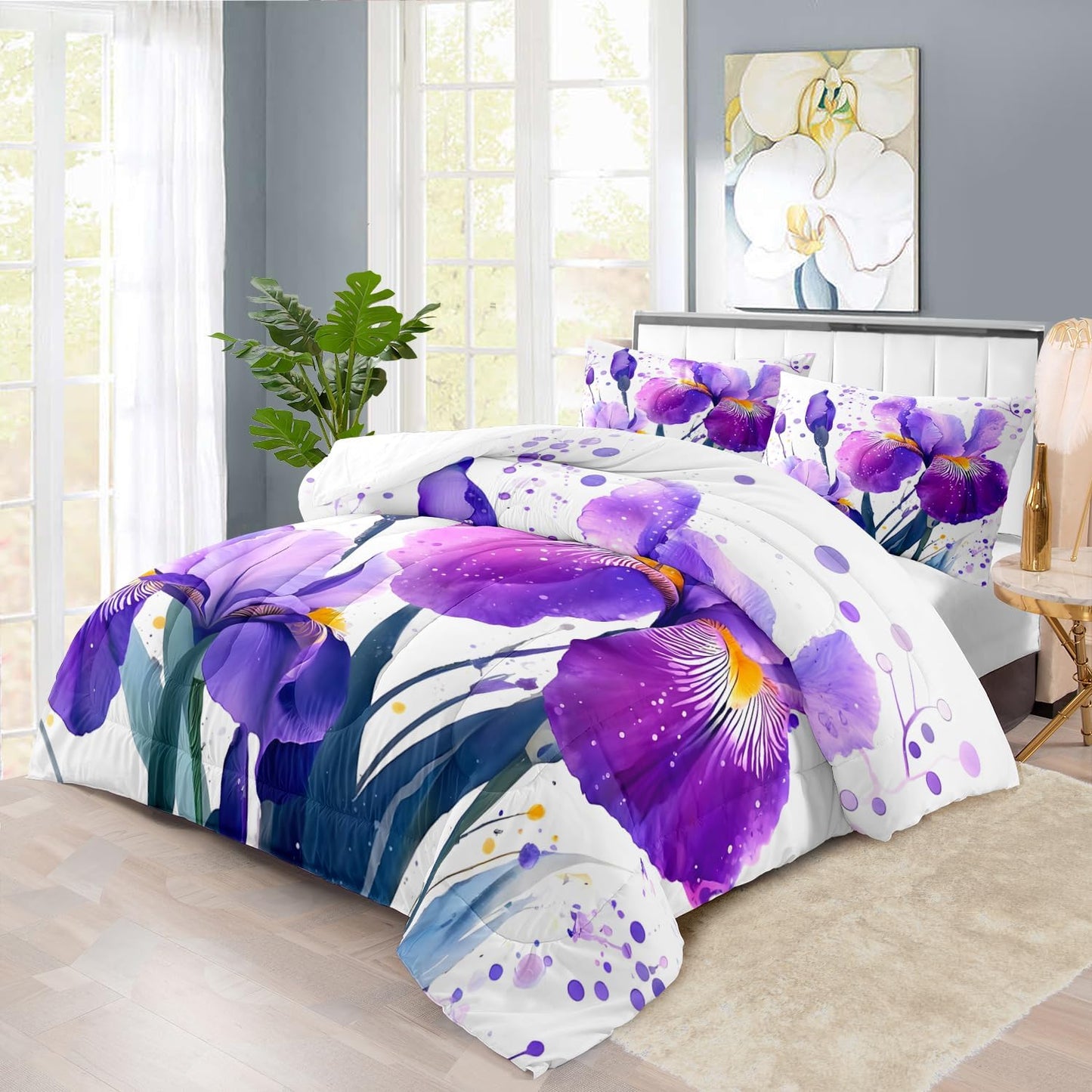 Purple Floral Comforter Set Full Size Woman,Purple Iris Comforter for Girls,Pink Flower Bedding Set Full Bedroom Decor,Floral Bedding Quilt Bed Decor Pink for Kids and Adults