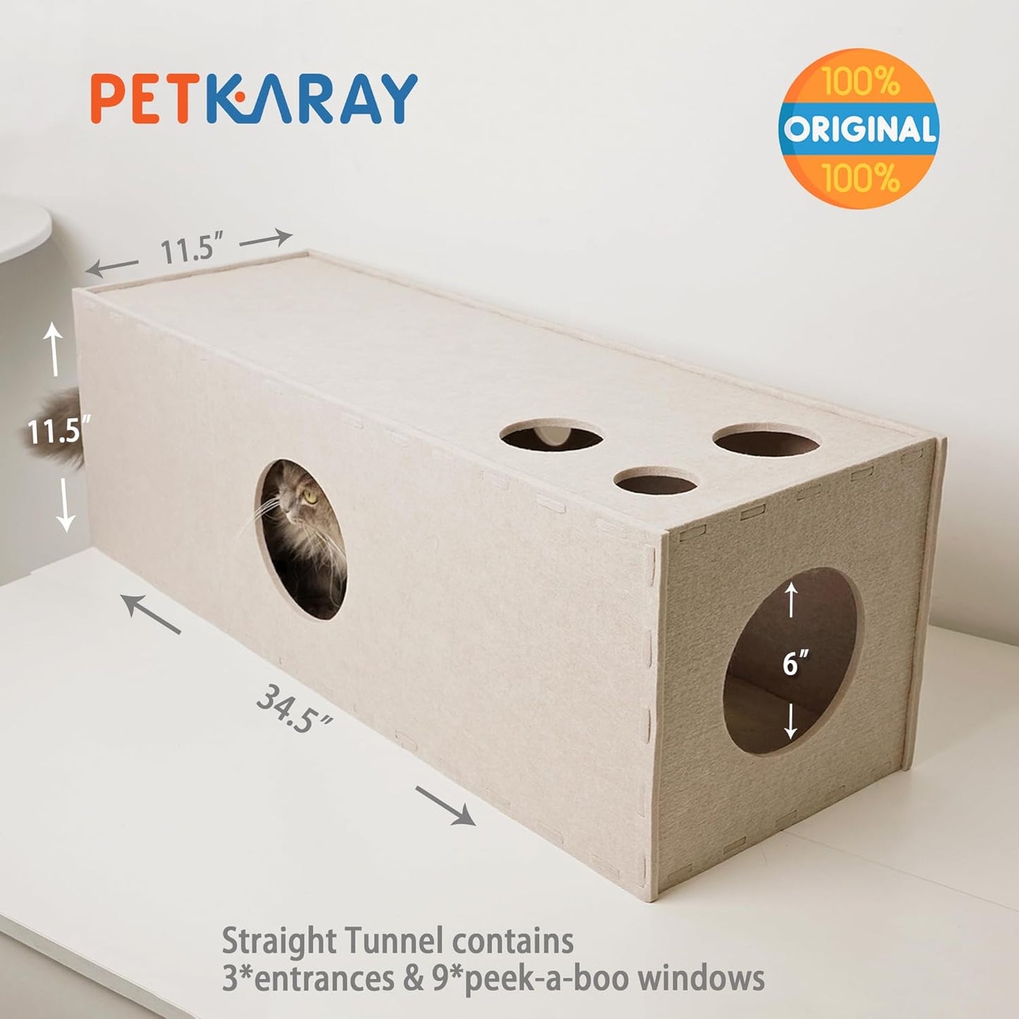 PETKARAY Cat Tunnel, Original Cat Hideaway Cave for Indoor Cats, Large Kitten Play Tubes and Tunnels, Soft Felt Cat Toy with Interactive Peek Hole