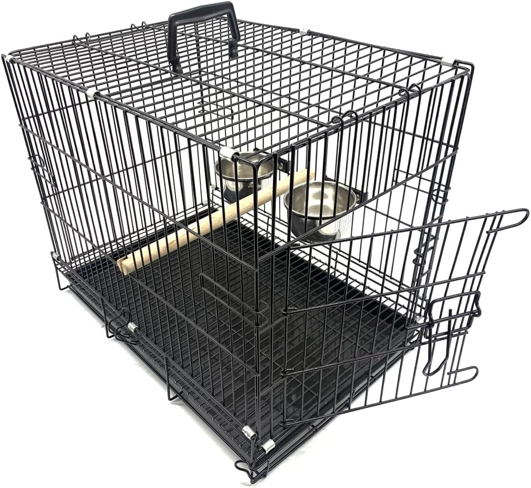 Durable Easy Portable Collapsible Metal Travel or Veterinary Collapsable Parrot Bird Carrier Beaks-Proof Easy Clean Carrier Cage with Stainless Steel Feeder Bowls Natural Wooden Perch