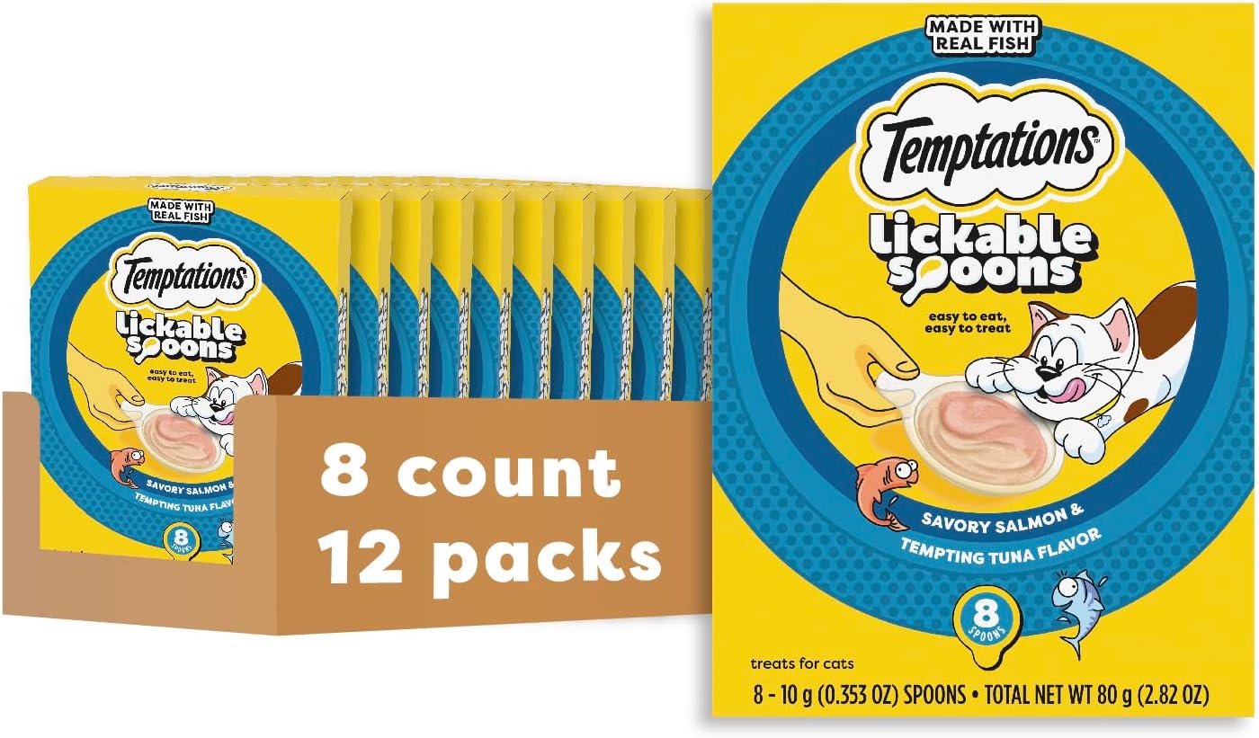 Temptations Lickable Spoons Adult Wet Cat Treat, Savory Salmon and Tempting Tuna Flavor, 8 Spoons, Pack of 12 (96 Total)