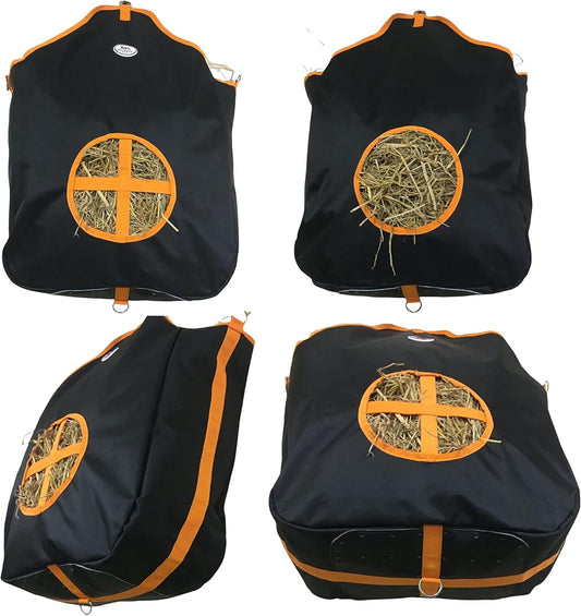 Majestic Ally Nylon Hay Feeder Tote Bag for Horse, Goat, Sheep - Double Sides Open Feed Hole with Faux Leather Ventilated Bottom- Premium Quality -Simulates Grazing - Reduces Waste (Black)