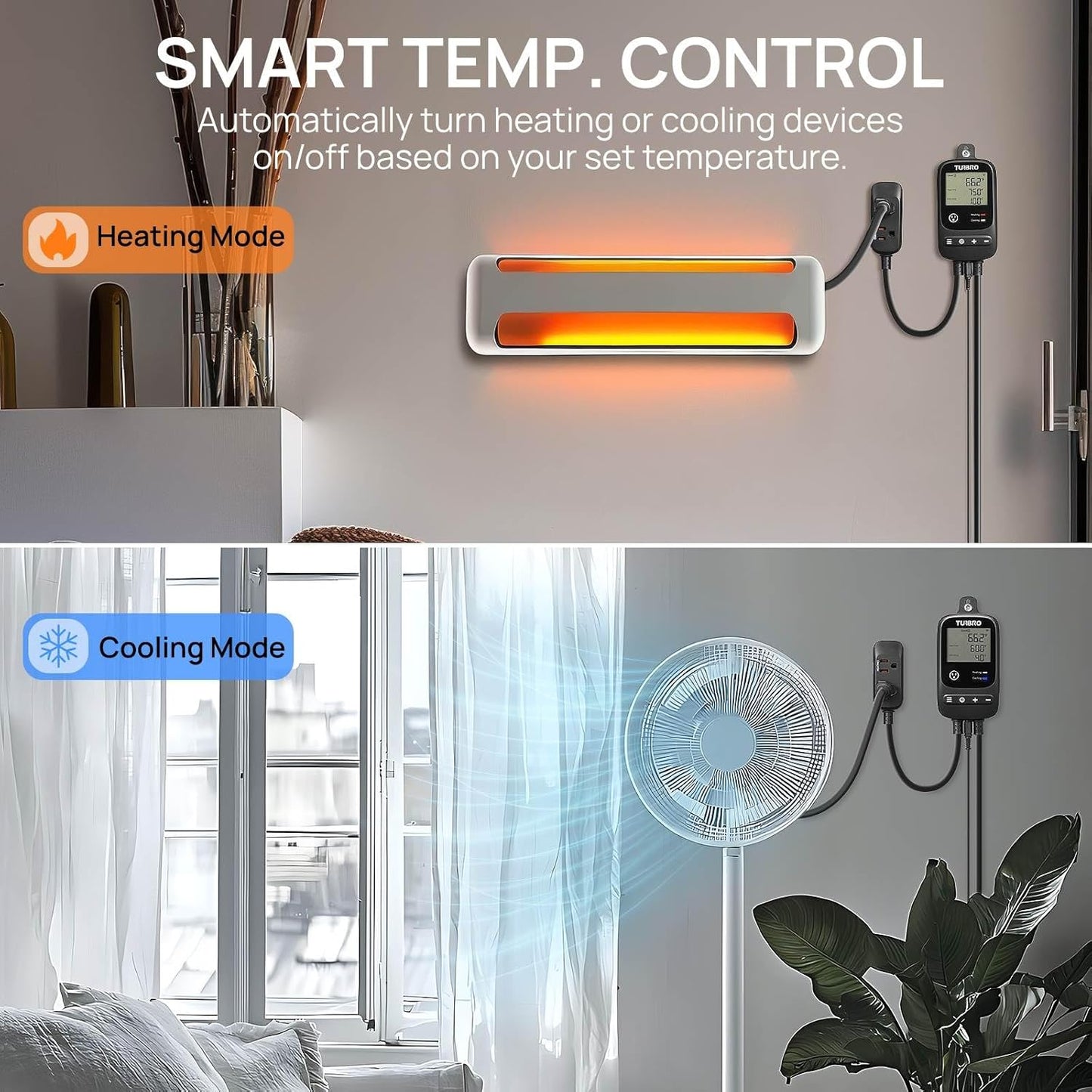 TURBRO Smart Temperature Controller Heating Cooling, WiFi-Enabled Thermostat with Timer and Temperature Monitoring for Home Brewing, Seedling, Greenhouse, and Reptile Terrarium, TC01