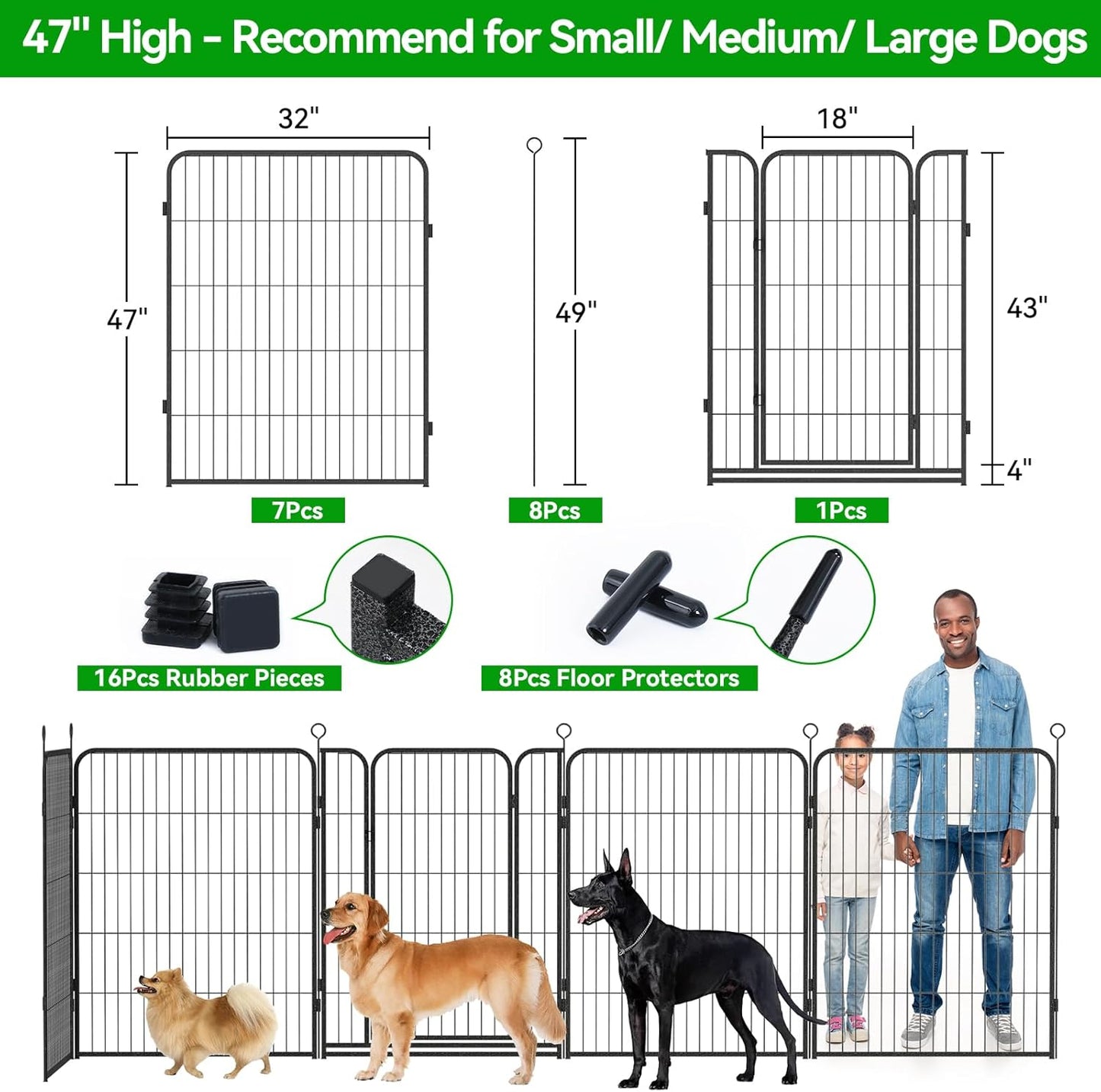 Dog Playpen Outdoor Extra Wide 8 Panels Heavy Duty Dog Fence 47" Height Anti-Rust with Doors Portable for RV Camping Yard, Total 21FT, 35 Sq.ft, Snowy Black