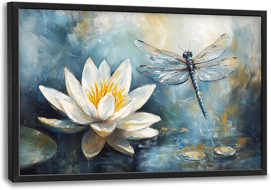 Extra Large Lotus Dragonfly Framed Wall Art for Living Room,Abstract Blue Lotus Flower Lake Pictures Wall Decor,Nature Canvas Print Painting Modern Artwork Bedroom Office Bathroom 36L" x 24W"