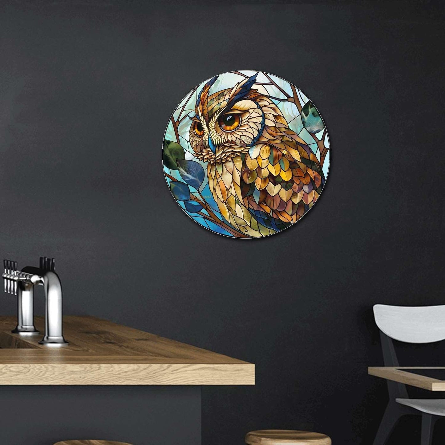 Lygond Metal Sign Tin Sign Circular Stained Glass Owl Vintage Metal Sign for Pet 8×8 Inches