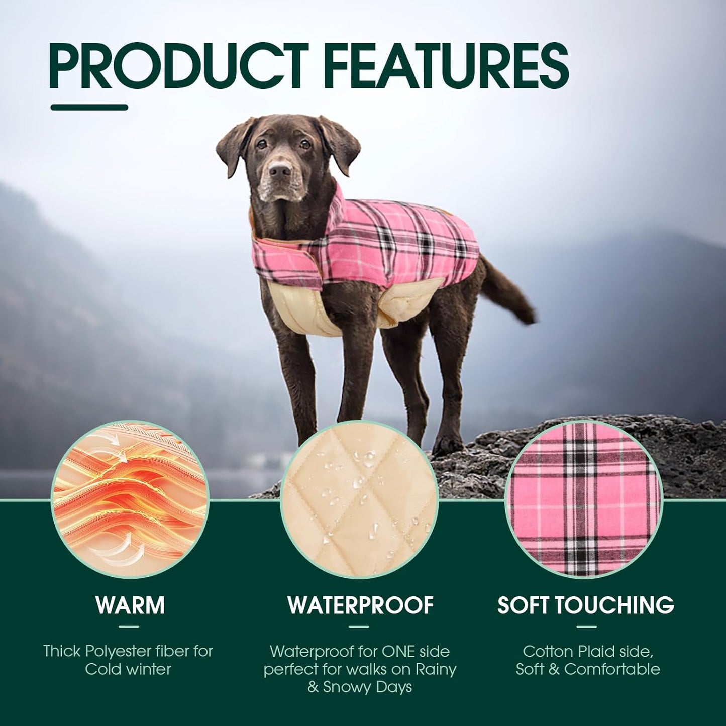 Kuoser Warm Dog Coat, Waterproof Dog Jacket for Extra Large Dogs, Adjustable Durable XXXL Doggie Winter Coat Reversible Puppy Cold Weather Apparel for Large Breed, Pink 3XL