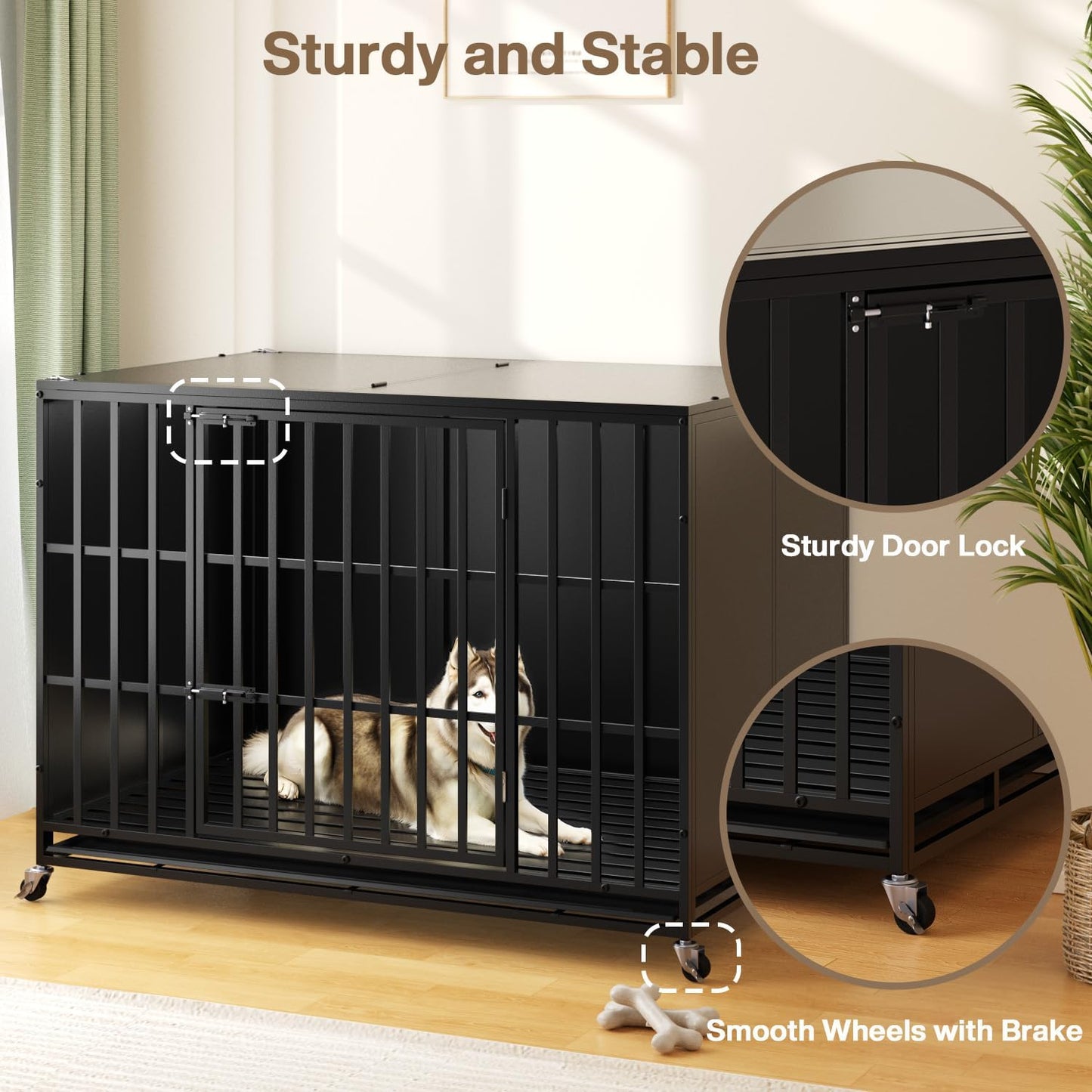 LEMBERI 48/42 inch Heavy Duty Indestructible Dog Crate, High Anxiety Extra Large Dog Cage for Large Dogs, XL Steel Escape Proof Dog Kennel with Wheels and Removable Tray (Black, 47.2*30.7*34.6 inch)