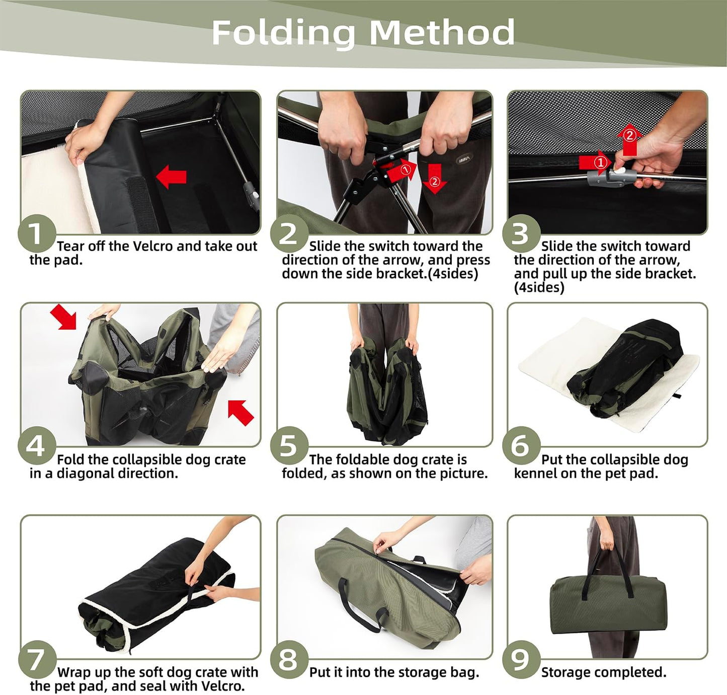 Pettycare Portable Travel Dog Crate 4-Door Soft Sided 42 Inch Collapsible Dog Crate with Curtains Durable Mesh Foldable Pet Kennel Soft Crates for Large Dogs Indoor & Outdoor Olive Green