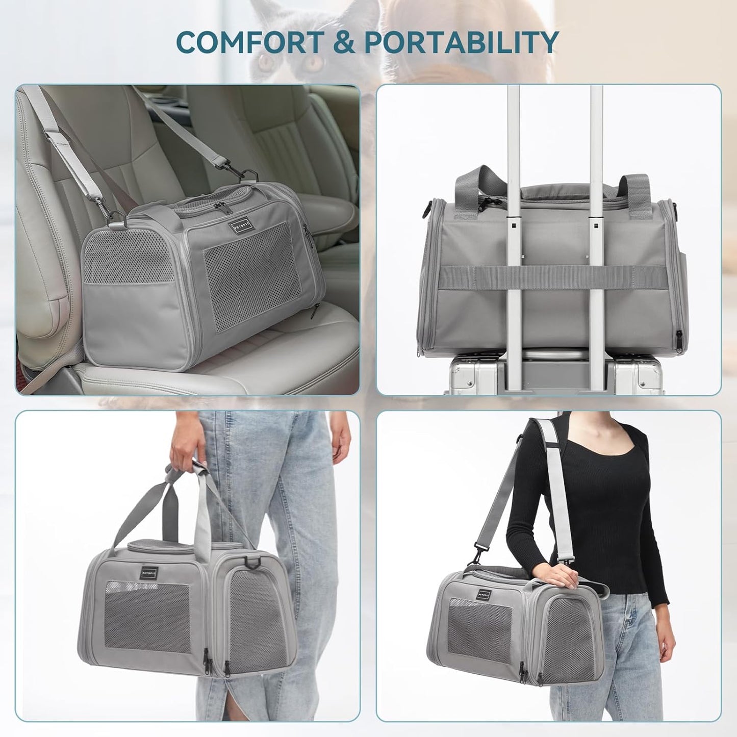 PETSFIT Cat Carrier Airline Approved, Soft Carrier for Small and Medium Cats Under 12 Lbs, Soft Cat Travel Bag, Kitten Carrier with Extendable Mat, Grey