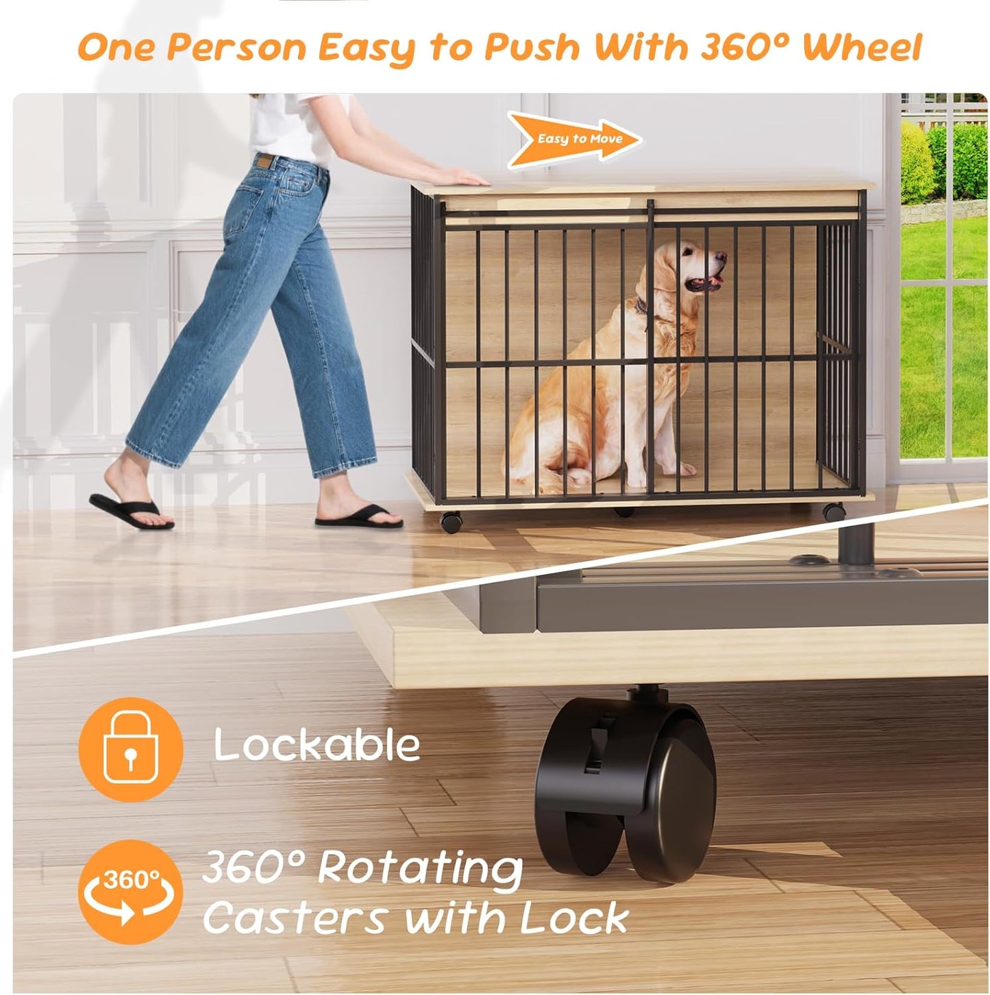 43.7" Dog Crate Furniture, XL Dog Crate Dog Kennel Indoor with Wheels for Large Medium Small Dogs, Wooden Dog Kennel End Table with Sliding Door Wooden Furniture Crates for Living Room, Bedroom