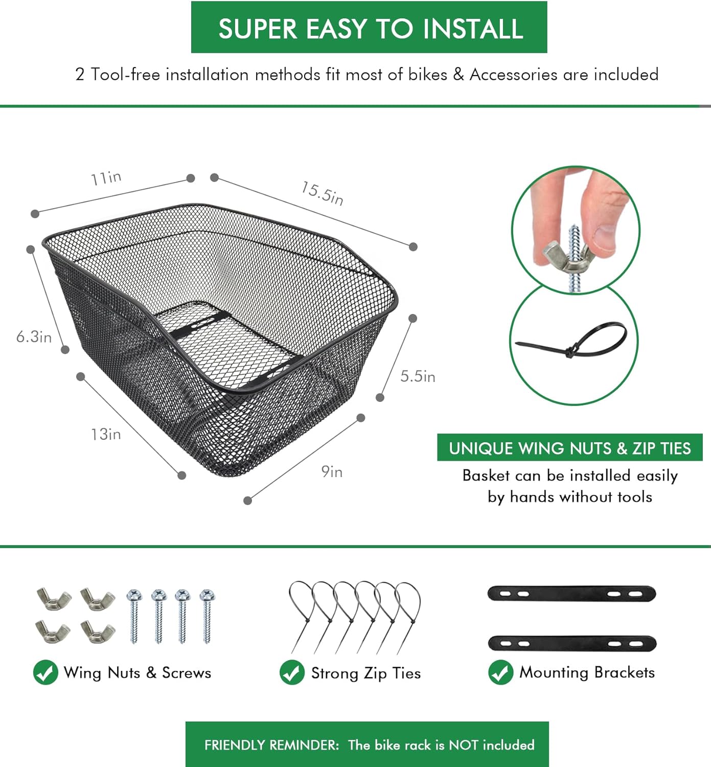 Rear Bike Basket, Tool-Free Install, Dog/Pet Carrier, Ebike Electric Bicycle Back Cargo Basket, Fits Most Rear Racks, with Waterproof Cover, Cargo Net