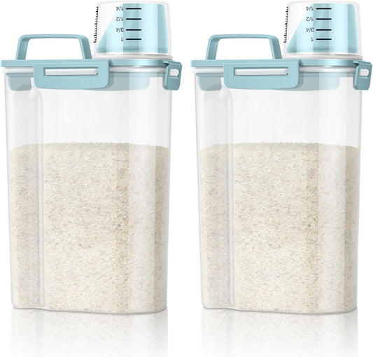 TBMax Rice Container Cereal Storage Container 2 Pack 5 Lbs, Plastic Kitchen Pantry Food Storage Container with Cup, Small Pet Dog Cat Food Dispenser -Blue