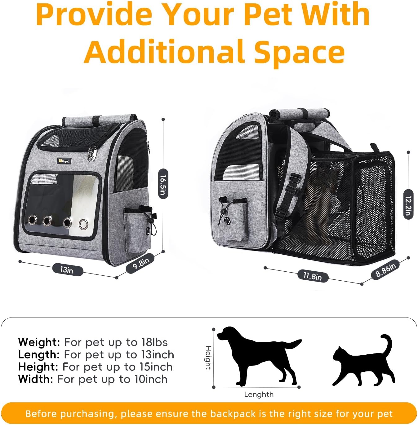 Hoopet Expandable Cat Backpack Carrier – Breathable Pet Carrier for Small Cats & Dogs, Foldable Travel Backpack with Mesh Ventilation for Hiking, Walking, Camping, Light Grey