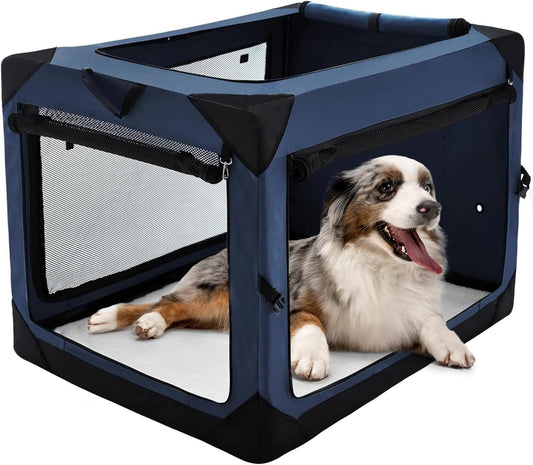 36 Inch Collapsible Crate for Large Dogs, 4-Door Foldable Soft Kennel with Chew Proof Mesh Windows for Indoor & Outdoor Travel,Navy Blue