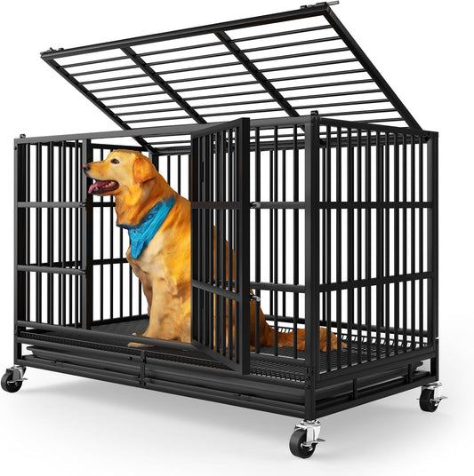 LEVELEVE 38 Inch Heavy Duty Indestructible Dog Crates for Large Dogs，Escape Proof Dog Cage Large Dogs with Lockable Wheels，Dog Kennel Furniture Indoor&Outside