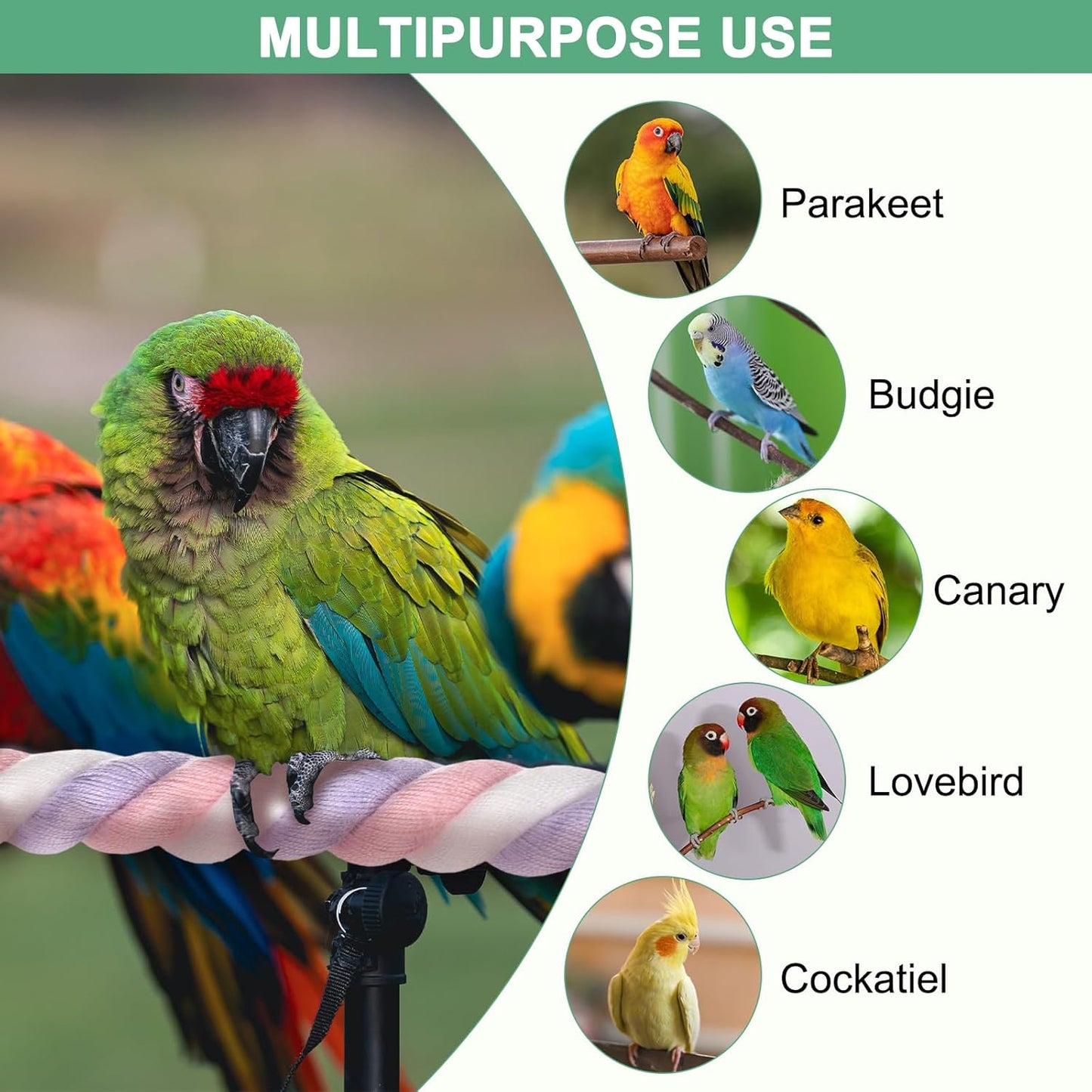 1-Set Rope Perches for Bird Cages, 13.8 & 31.5 in Length Comfort Grip Flexible Rope Perch Beak & Paw Grinding for Parrots/Cockatiels/Parakeets, Bird Platform Sand [Pink Purple]