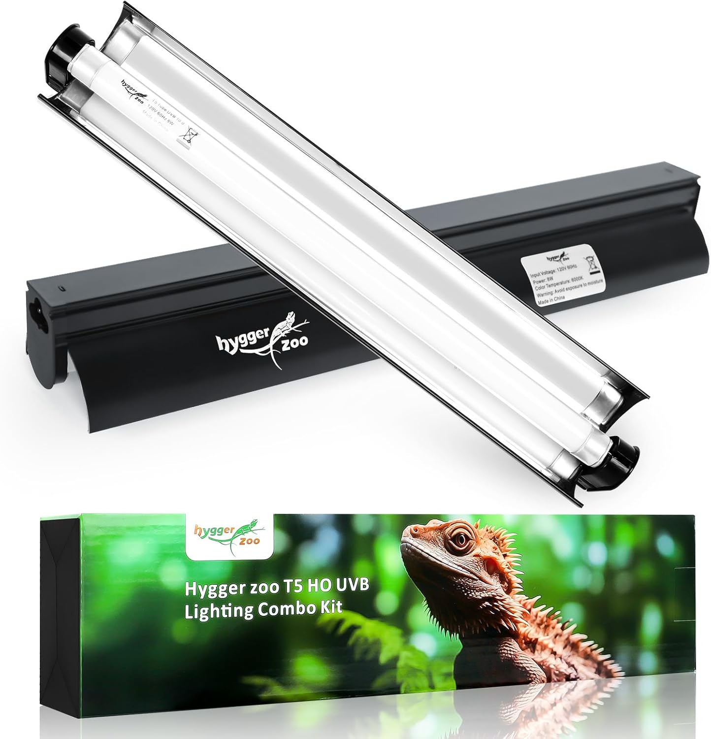 T5 Reptile Light Fixture Combo Kit 8W Light Fixture Reptile Terrarium Hood 10.0 UVB Light Bulb Fluorescent Tube Ideal for Tropical and Deserts Such as Bearded Dragon Lizards and Tortoises