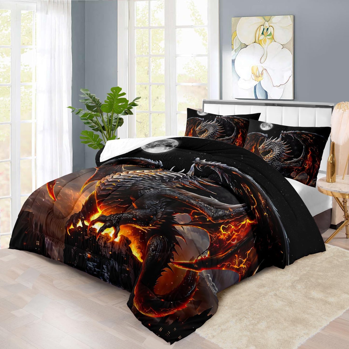 Black Dragon Comforter Set Queen Adult,Flame Dragon Bedding Set for Boys,Magical Beast Bedding Fantasy Animal Comforter Beedroom Decor,Magical Beast Quilt Bed Decor