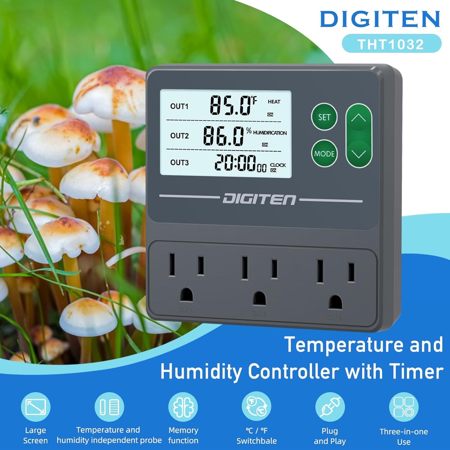 DIGITEN Temperature and Humidity Controller with Timer - 3 Outlet, 2 Separate Probes, Plug in Temperature Controller for Reptiles,Snake, Mushrooms, Tent, Triple Control for Temp,Humidity,Time