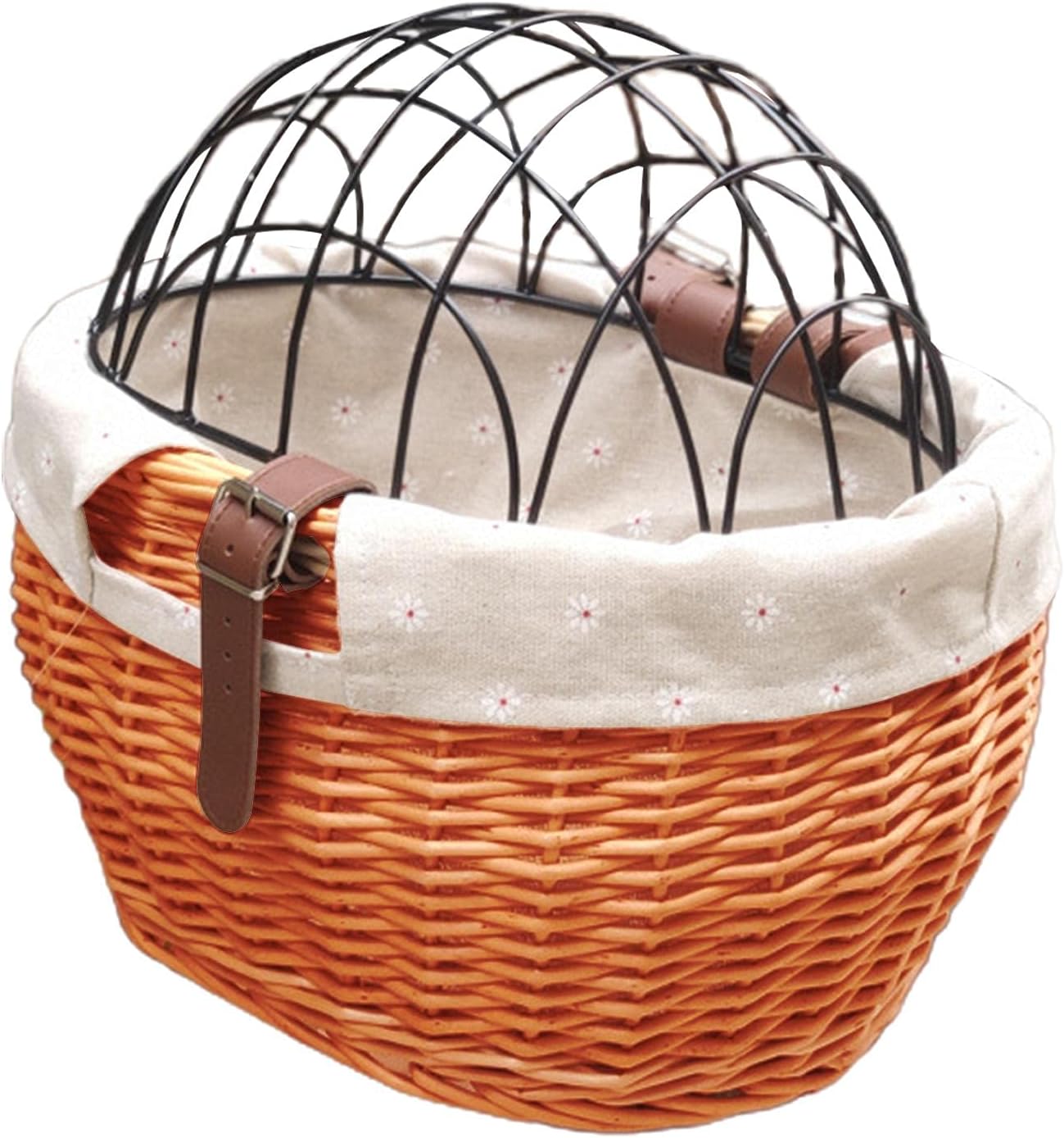 Shiker Bicycle Basket with Wire Mesh Cover, Wicker Bike Basket for Small Dogs Cats, Front Handlebar Bike Basket, Easy to Detachable, 11.81 x 9.84 inch