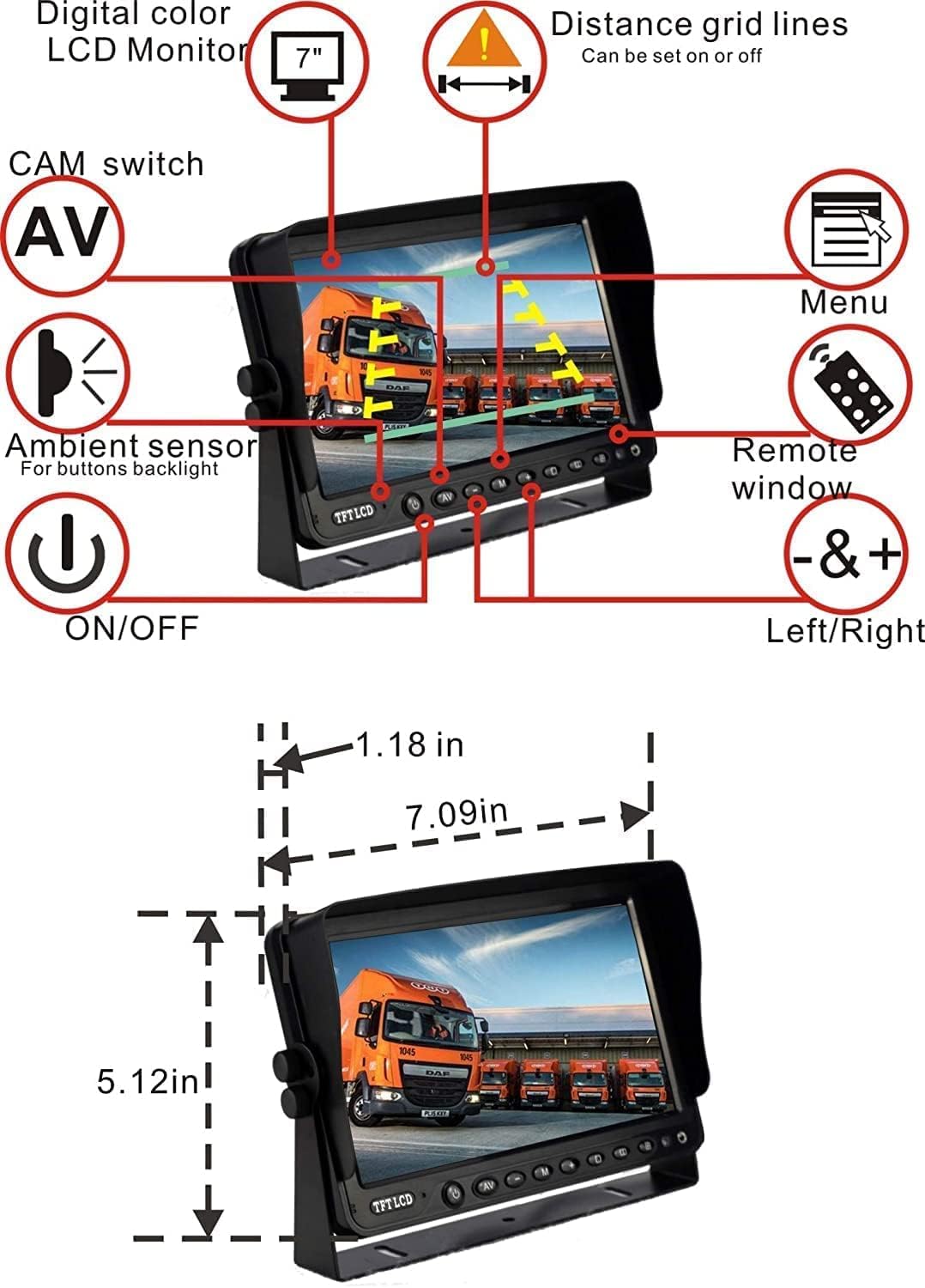 AHD 1080P 7" Reverse Rear View Backup Dual Camera System, Two Cameras with Night Vision Waterproof IP69K Vibration-Proof 10G for Truck/Trailer/RV/Bulldozer/Crop Sprayer/Agricultural Equipment