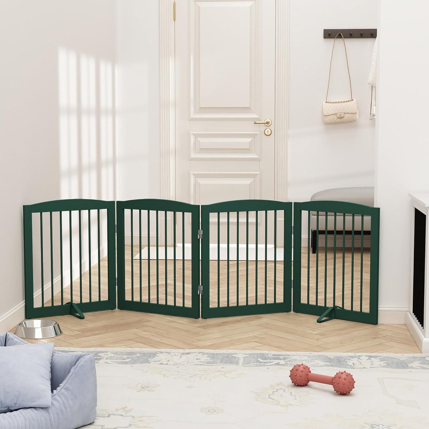 Freestanding Pet Gate for Dogs, Foldable Wooden Dog Gate for House, Indoor Dog Gate for Stairs, Doorways, Step Over Pet Puppy Safety Fence, 80 Inch Wide, 4 Panels 24", Green