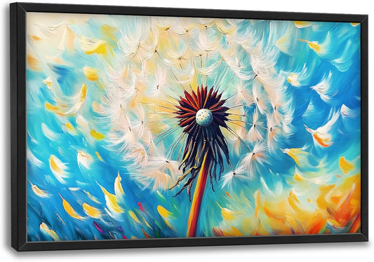 Extra Large Abstract Dandelion Framed Wall Art for Living Room,Oversized Colorful Dandelion Flower Pictures Wall Decor,Blue Canvas Print Painting Modern Artwork Bedroom Office Bathroom 36L" x 24W"