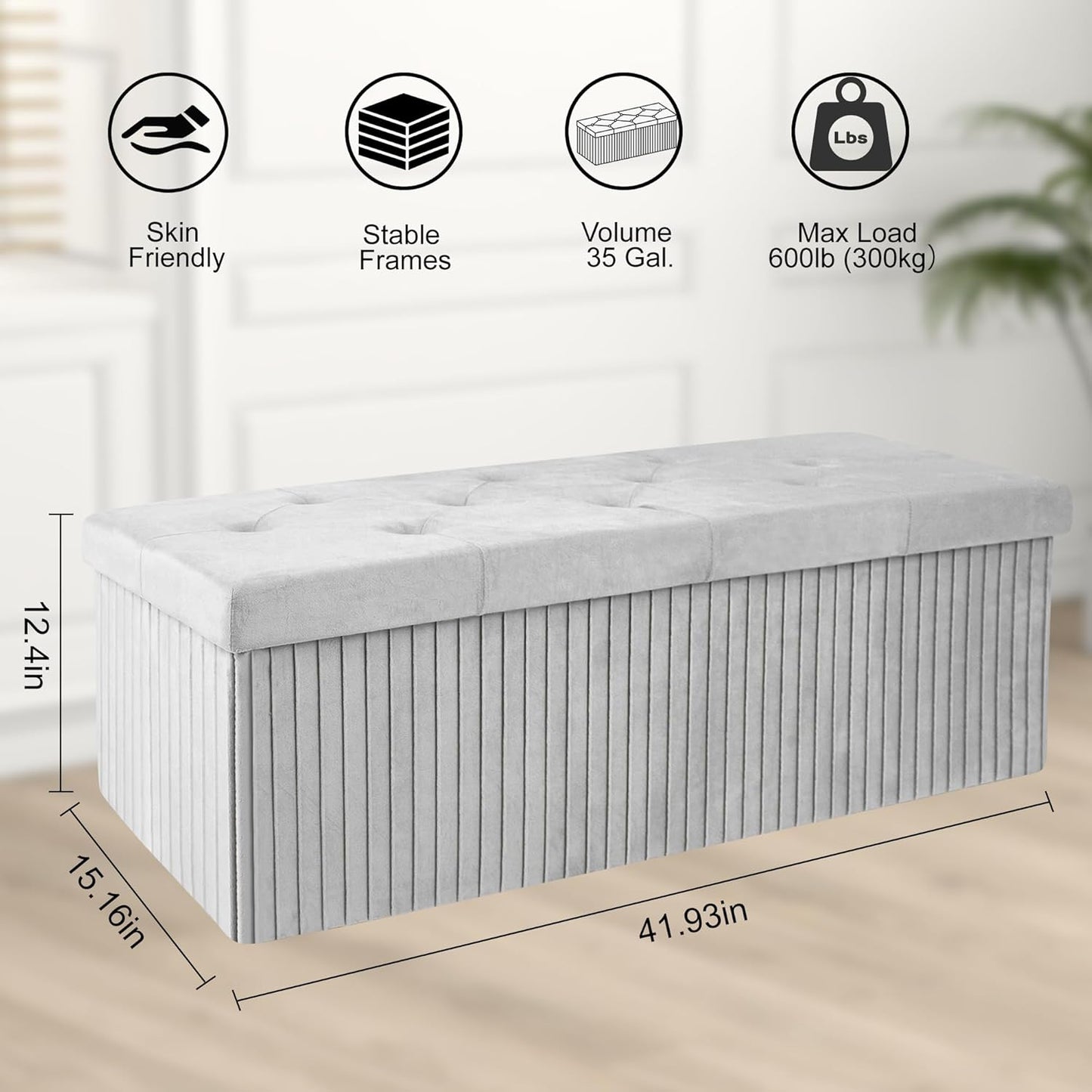 Storage Ottoman Bench, 43 Inch Foldable Ottoman with Legs, Velvet Foot Rest Stool, End of Bed Bench, Storage Chest for Living Room, Bedroom (Grey)