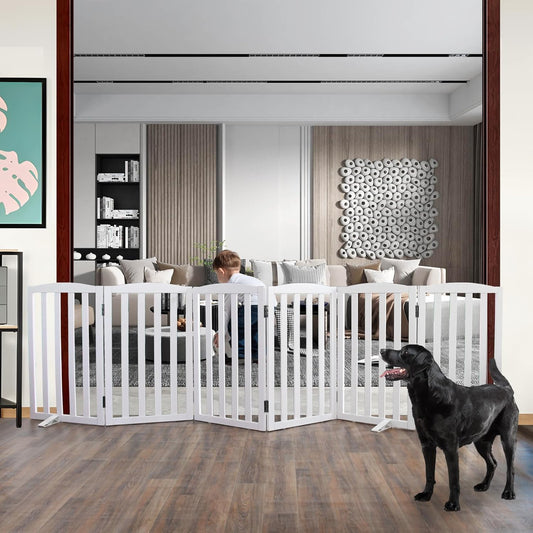 ZJSF Foldable Freestanding Indoor Dog Gate for House Wood White Long Pet Gates Dog Fence for Stairs Puppy Gates for Hallways,Pet Fence, Puppy Gate,Support Feet Included 32 "Height-6 Panels