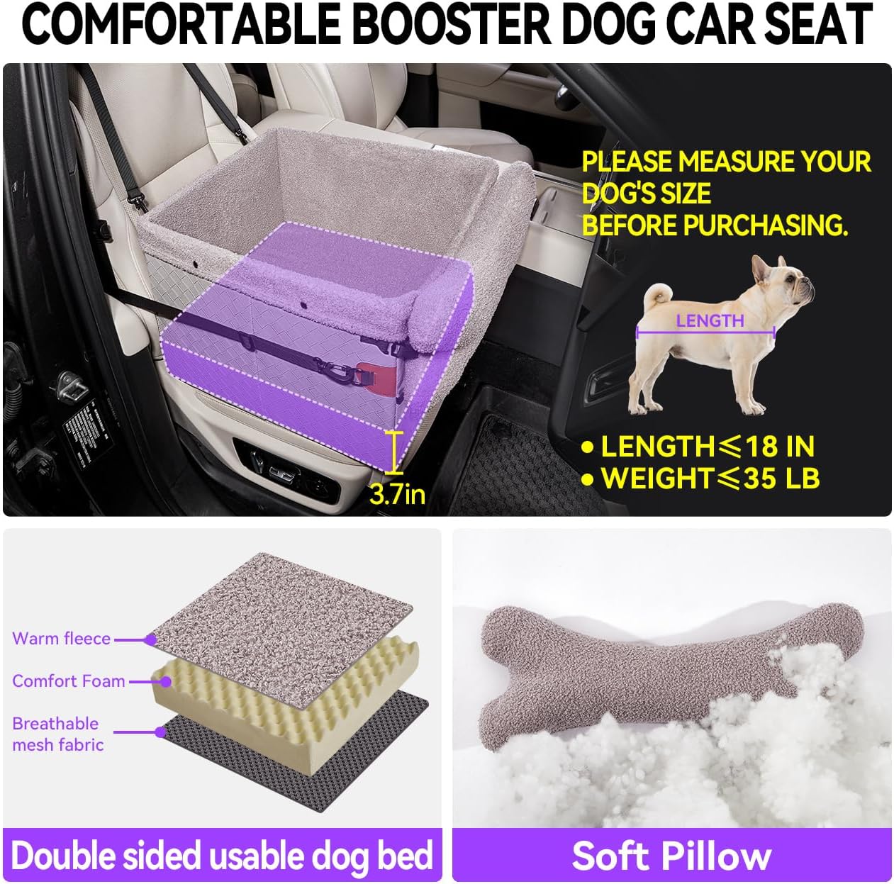 Dog Car Seats for Small Medium Dogs,PU Leather Car Seat Boosters,Foldable Puppy Cat Carseats (Grey, Medium Dog)