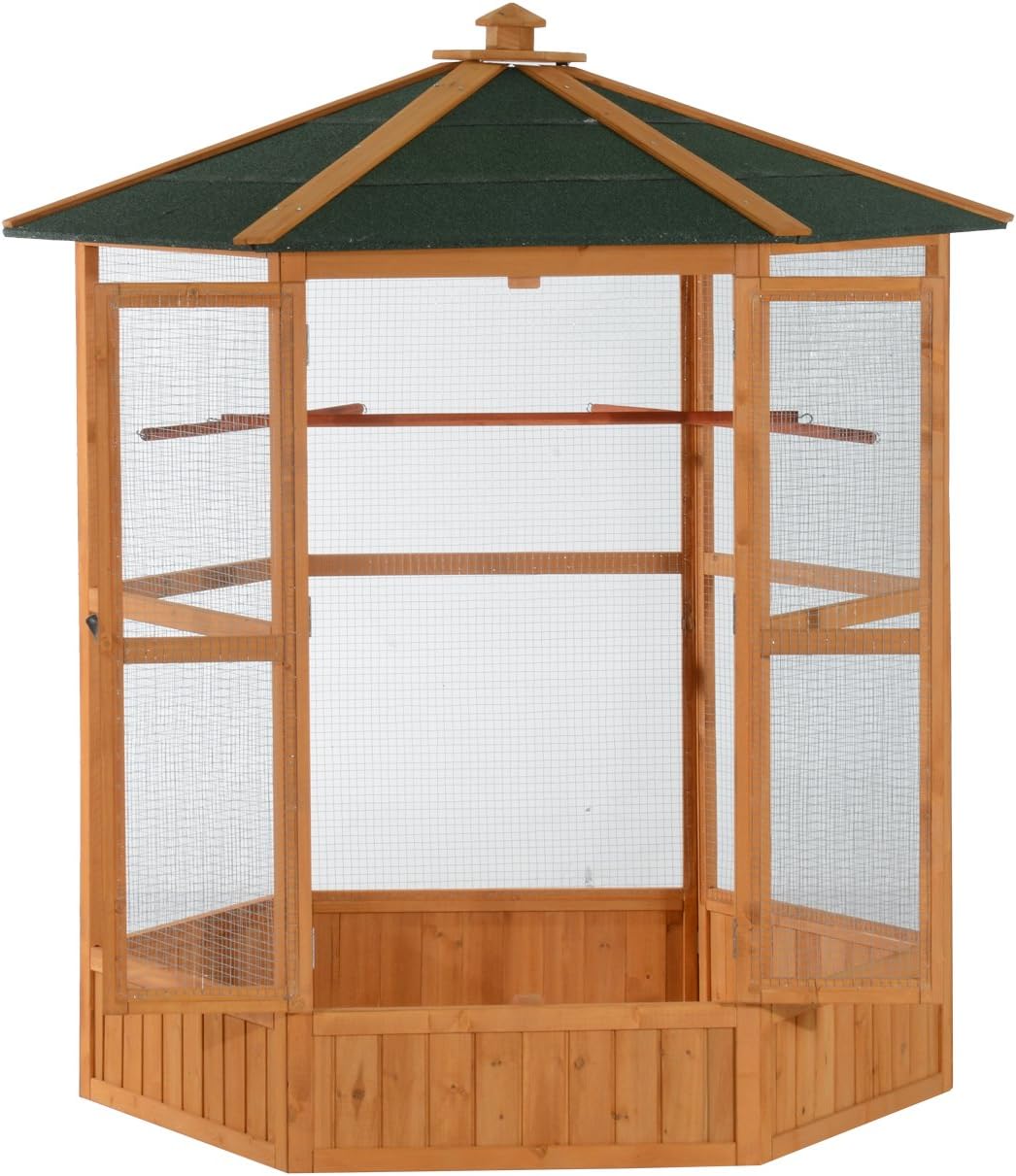 PawHut 69" Large Wooden Hexagonal Outdoor Aviary Flight Bird Cage with Covered Roof, Brown