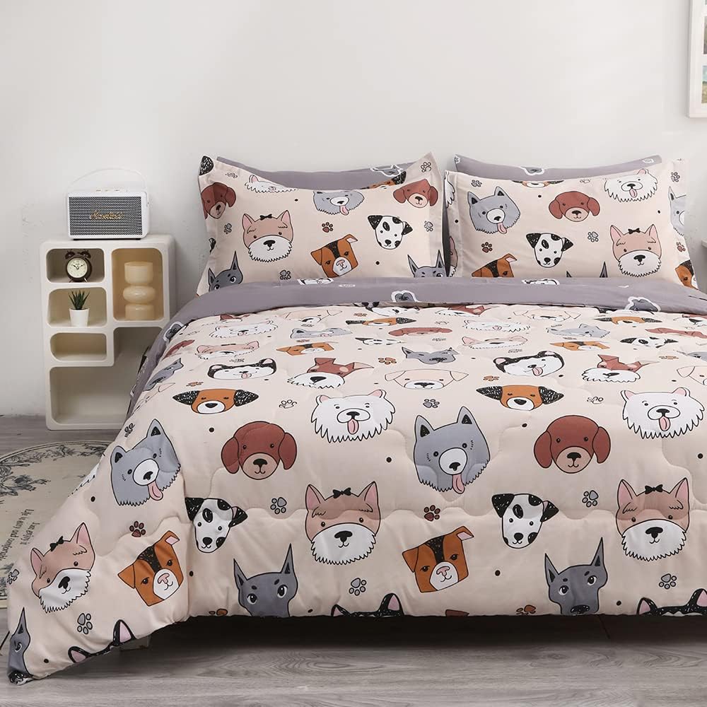 Kids Comforter Set 7 Piece Bedding Cute Dog Cartoon Animal Bed Microfiber Comforter Full Size All Season (1 Comforter, 1 Flat Sheet, 1 Fitted Sheet, 4 Pillowcase)