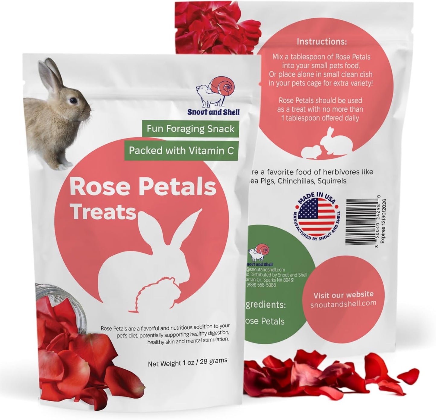 Snout and Shell Rose Petals Treats – Natural Snack for Rabbits, Guinea Pigs & Chinchillas – Vitamin C & Digestive Support, 1 oz
