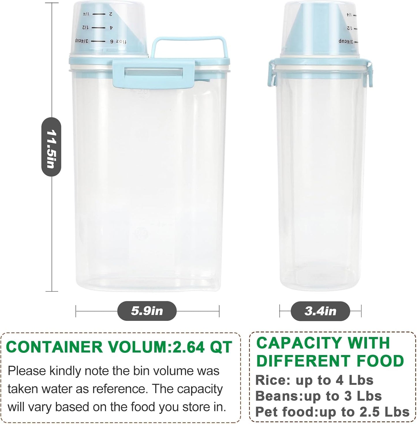 TBMax Rice Storage container 4 Lbs, Small Rice Dispenser with Measuring Cup, Blue Cereal Containers Flour Bin, Kitchen Food Storage Container and Pantry Organizers, Pet Dog Cat Food Dispenser