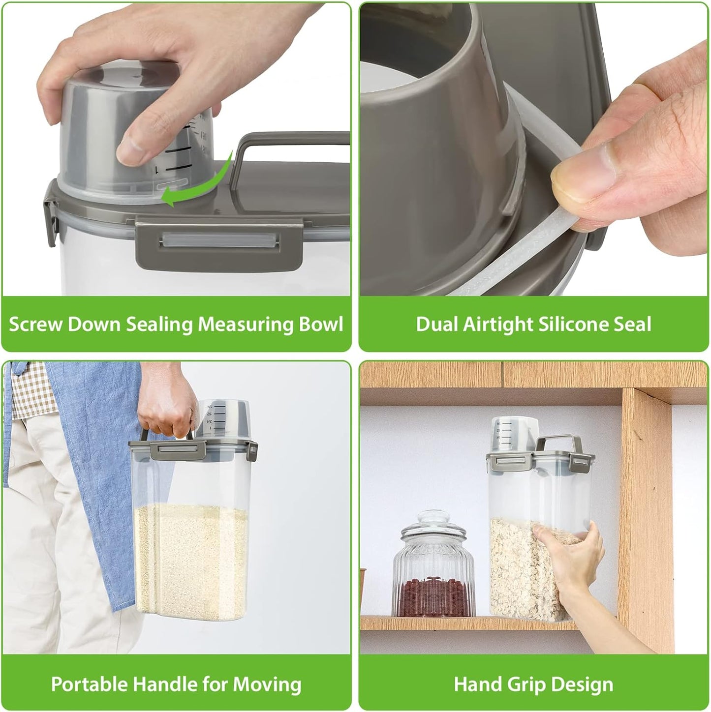 Rice Airtight Storage Container, 3 to 5Lbs Cereal Dry Food Flour Bin, Pet Dog Cat Food Dispenser with Measuring Cup, BPA Free Clear Plastic Kitchen and Pantry Organization Bin for Sugar