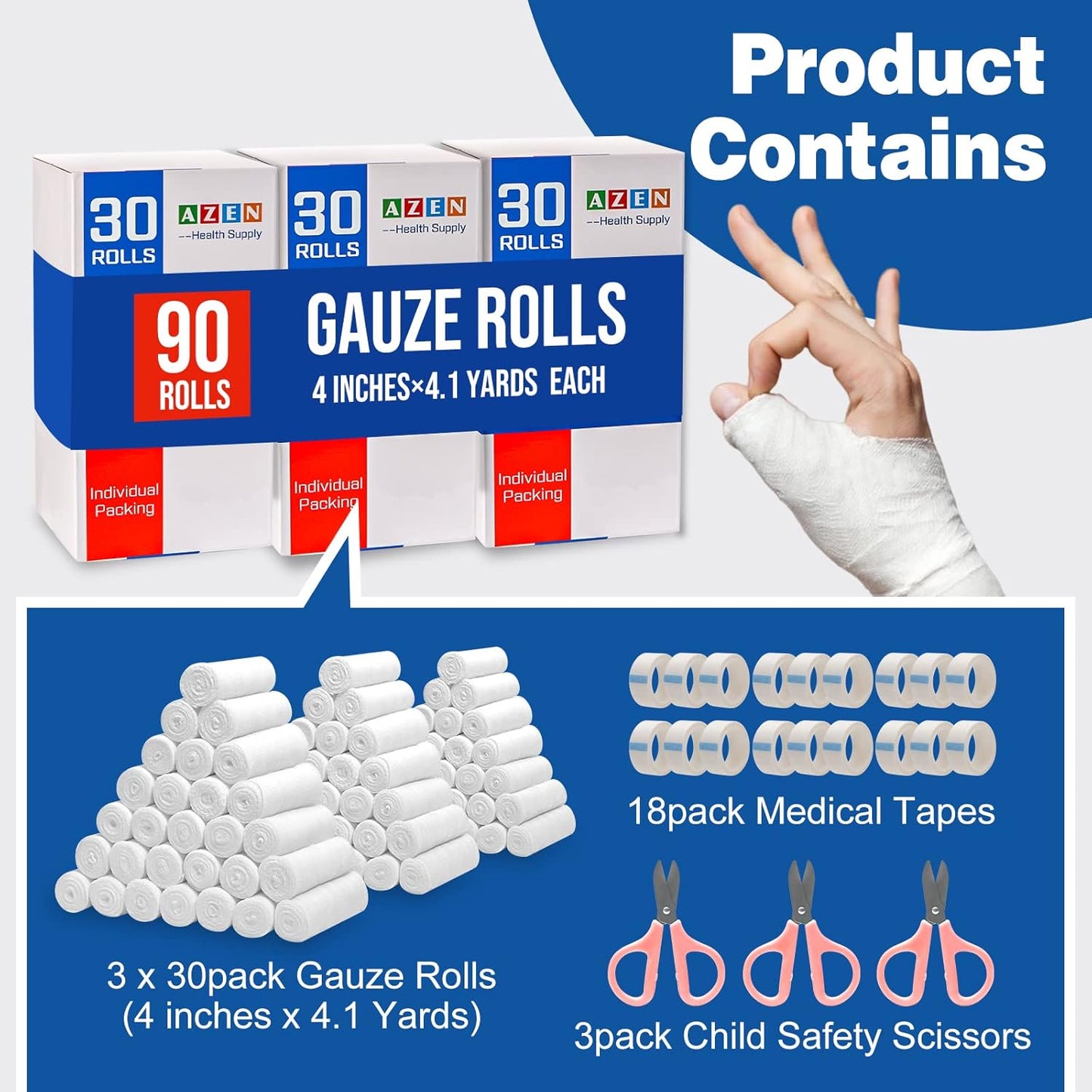 AZEN 90 Pack Gauze Rolls Bandages, 4 in x 4.1 Yards, Premium Medical Supplies & First Aid Supplies, Bandage Wrap Vet Wrap, Mummy Wraps (3 Boxes x 30 Rolls)