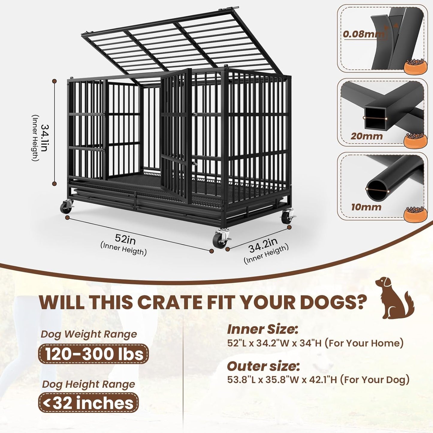 LEVELEVE 54 Inch Heavy Duty Indestructible Dog Crates for Large Dogs，Escape Proof Dog Cage Large Dogs with Lockable Wheels，Dog Kennel Furniture Indoor&Outside