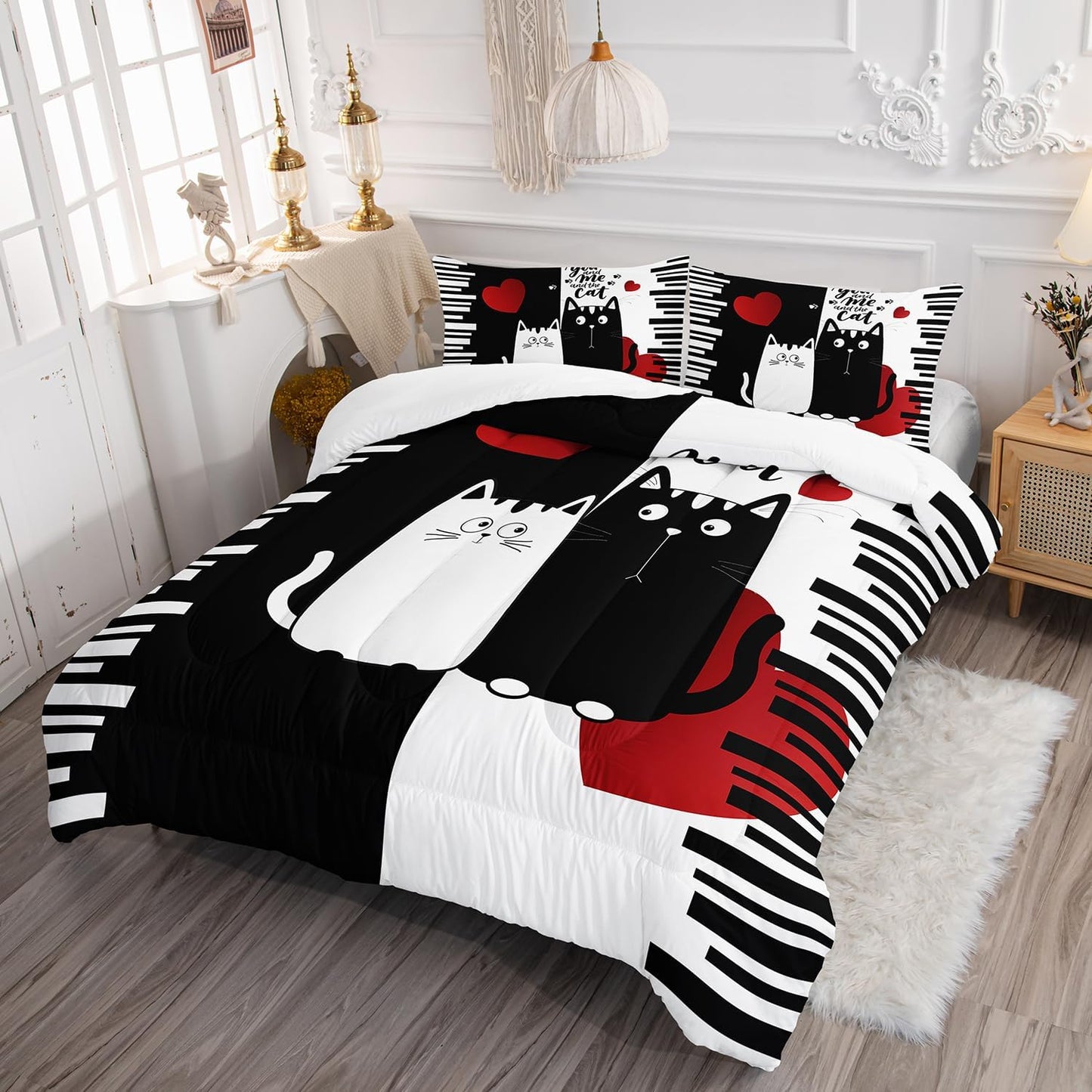 Kawaii Pet Cat Themed Comforter 3Pcs Full Lover's Kitten Animal Bedding Set for Cat Lover Kid Teen Girl Boy Black White Cat Heart Pattern Quilt Bed Decor with 1 Comforter and 2 Pillowcases