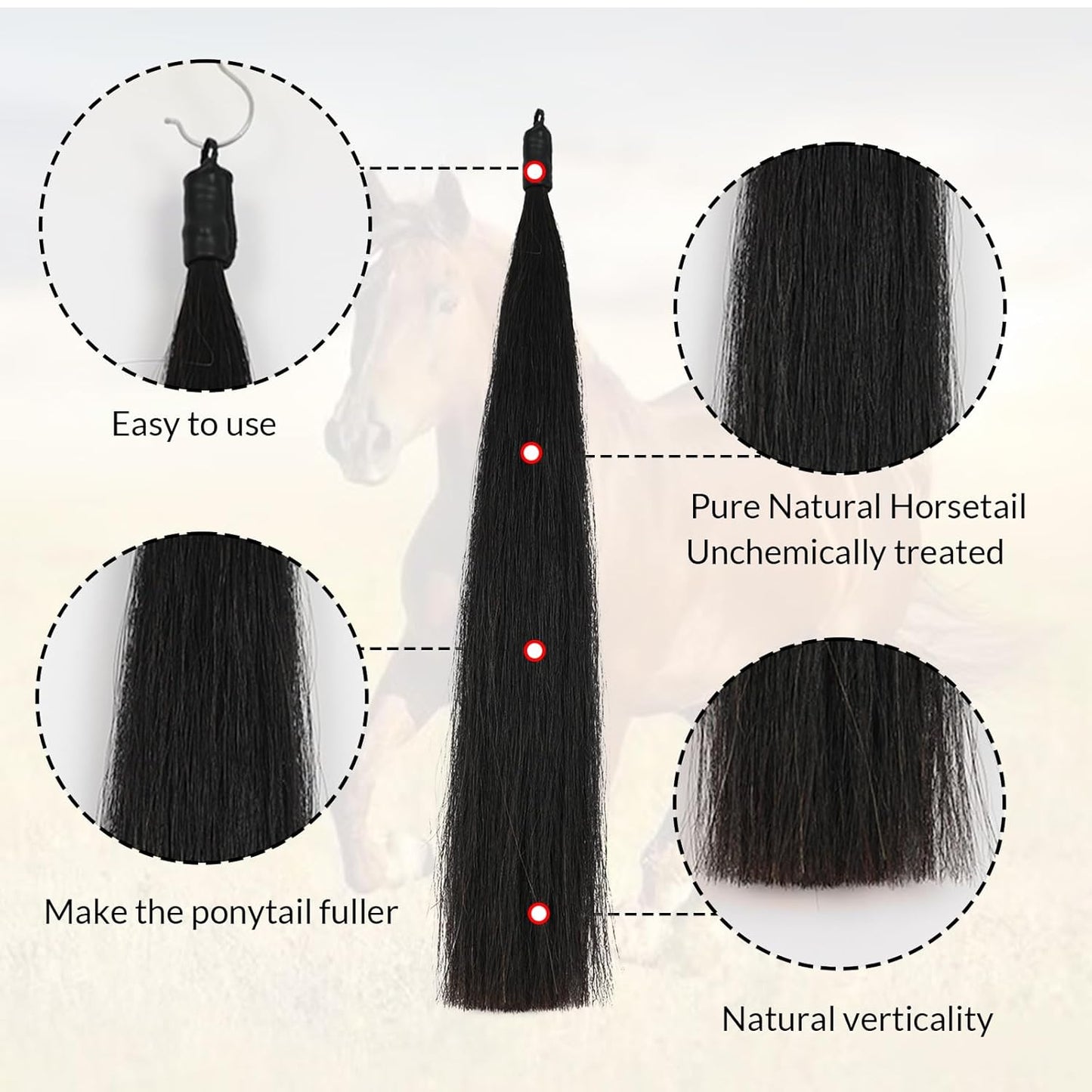 Horse Tail Extension with Braided Horsehair Loop, Blunt Cut Bottom, 3/8 lb, 28-30 inches (Natural Black)