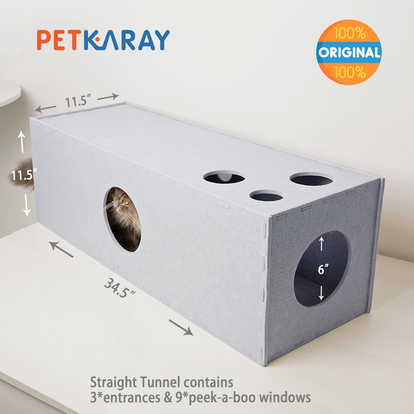 PETKARAY Cat Tunnel, Original Cat Hideaway Cave for Indoor Cats, Large Kitten Play Tubes and Tunnels, Soft Felt Cat Toy with Interactive Peek Hole