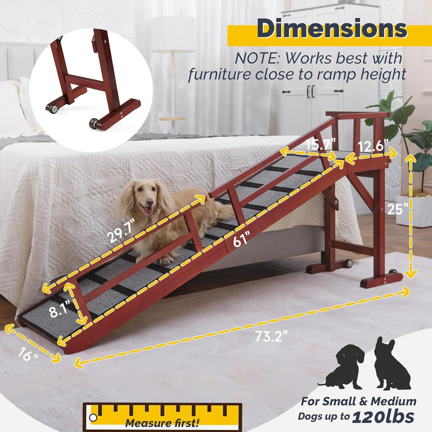 Dog Ramp for Bed or Couch, Wooden Pet Ramp with 20° Gentle Slope, Removable Side Rails, Non-Slip Surface, Top Platform & Wheels, Safe Bed Ramp for Small, Medium & Senior Dogs, 74" Long, Mahogany